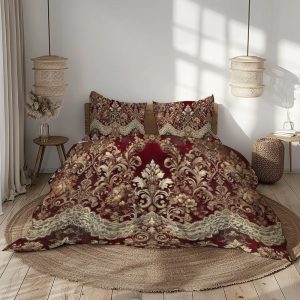 Luxury Baroque Bedding Set – Burgundy, Gold, Ivory, Beige – 1 Duvet Cover + 1/2 Pillowcases – Microfiber – No Comforter Included