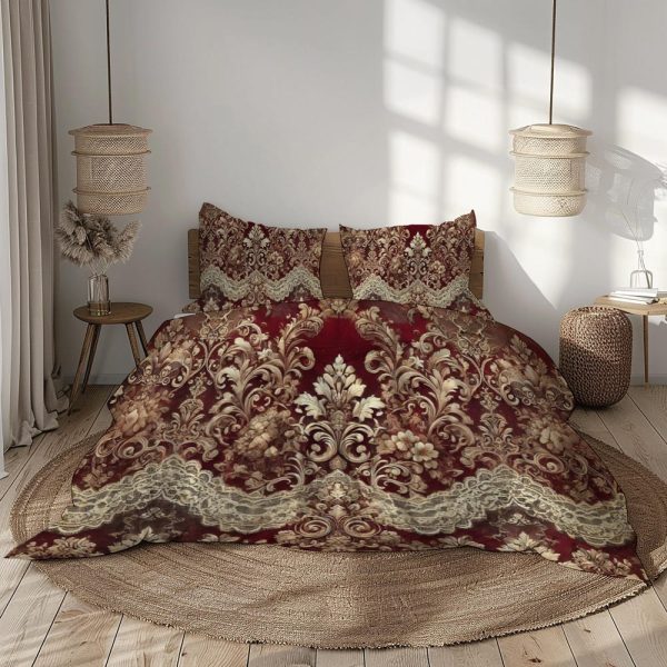 Luxury Baroque Bedding Set – Burgundy, Gold, Ivory, Beige – 1 Duvet Cover + 1/2 Pillowcases – Microfiber – No Comforter Included