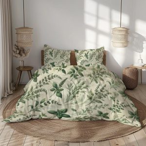 Herb Garden Cotton Bedding Set – Sage, Cream, Forest & Olive Green – Botanical Duvet Cover + Pillowcases – Multiple Sizes