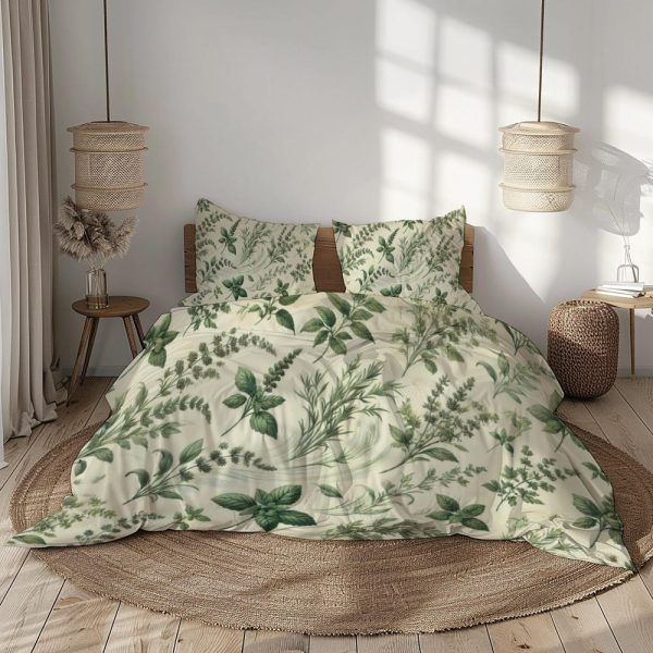 Herb Garden Cotton Bedding Set – Sage, Cream, Forest & Olive Green – Botanical Duvet Cover + Pillowcases – Multiple Sizes