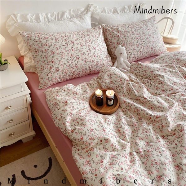 French Pink Floral Cotton Duvet Cover Set, Vintage Girlish Princess Bedding Set, Country Style Duvet Cover Set, Twin Full Queen King Bedding