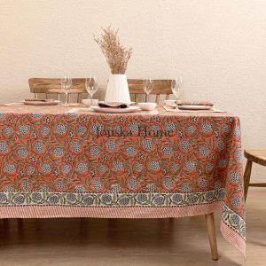 Salmon Pink Indian Tablecloth, Block Printed Tablecloth, Boho Table Decor, Dinning Table linen, Wedding tablecloth Runner Napkins Set 60×90