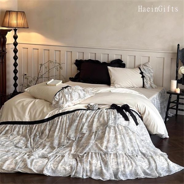 French Ruffle Bedding Set, Long Staple Cotton Duvet Cover Set, Beige Cream Bedding Set, Lace Bow Princess Beding, Bedding Aesthetics