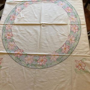 Ivory Thick Textured Cotton Tablecloth with Hand Embroidered Circle of Pink Lilies on a Blue Grid | 48″ x 55″