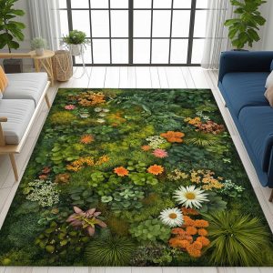 Botanical Moss Area Rug Wildflower Cottagecore Decor Farmhouse Plant Rug Floral Green Living Room Rug Nature Inspired Washable Rug